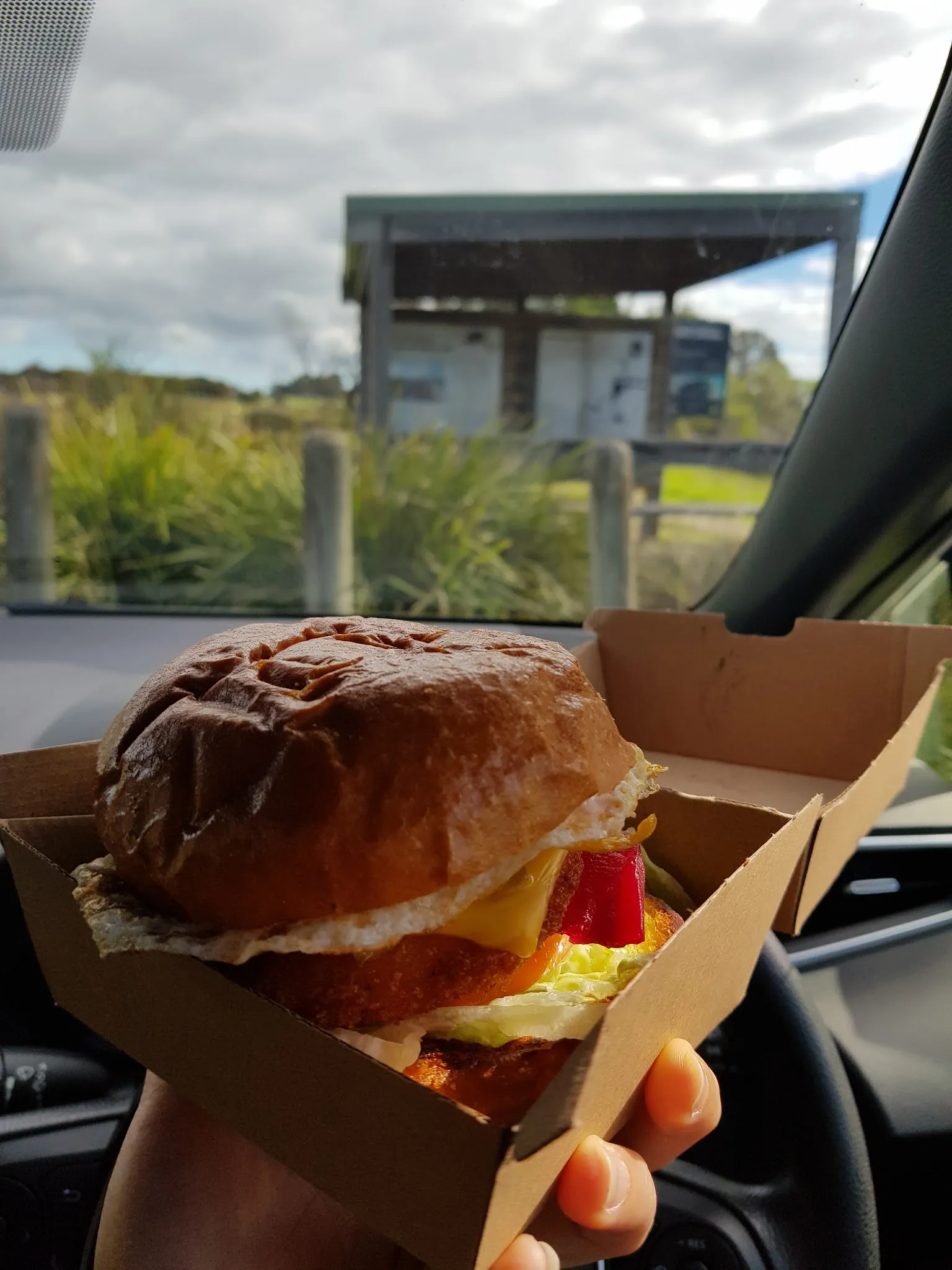 Burger in a takeaway box held up in a car against a Phillip Island wetlands landscape